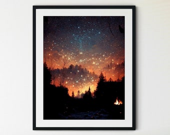 Camping en la pintura nocturna, impresión de fuego de campamento, obra de arte original, camping bajo las estrellas, impresión de camping, decoración de cabina, pintura de fogata