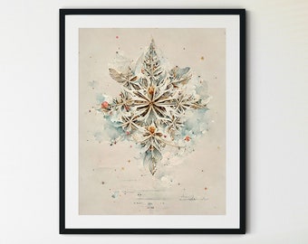 Snowflake Print, Snowflake Printable, Snowflake Art Print, Christmas Prints, Silver Snowflake Print, Winter Wall Decor, Winter Prints