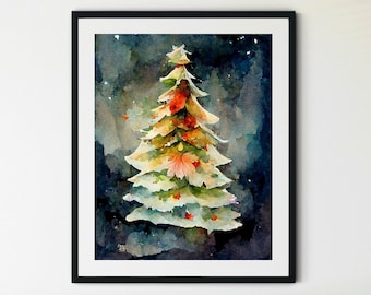 Christmas Tree Print, Holiday Wall Art, Christmas Watercolor Painting, Winter landscape, Christmas Printable, Holiday Decor, Christmas Sign