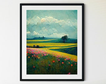 Spring Printable Wall Art, Spring Meadow Painting, Vintage Landscape Print, Country Field Printable, Spring Prints, Spring Landscape Print