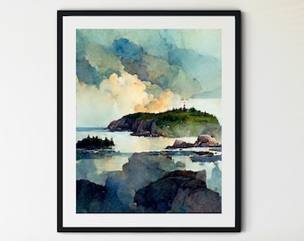 Acadia National Park Print, National Park Art, Maine Acadia National Park, Maine Print, Bass Harbor Print, Lighthouse Retro Travel Poster