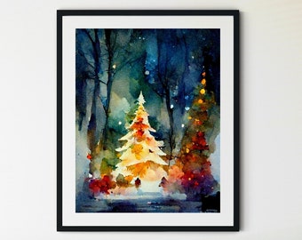 Christmas Trees Print, Holiday Wall Art, Christmas Watercolor Painting, Winter landscape, Christmas Printable, Holiday Decor, Christmas Sign