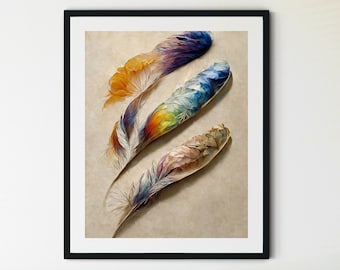 Feather Prints, Feather Printable, 3 Feathers, Feather Art, Feather Wall Art, Feather Poster, Vintage Feather Print, Rustic Wall Art