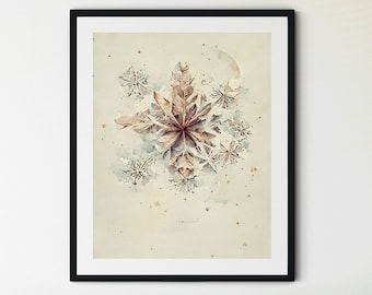 Snowflake Print, Snowflake Printable, Snowflake Art Print, Christmas Prints, Silver Snowflake Print, Winter Wall Decor, Winter Prints