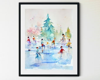 Puede incluir: Una pintura de acuarela de personas patinando sobre hielo en un lago congelado. La pintura está enmarcada en negro y cuelga de una pared blanca sobre un sofá blanco con almohadas azules y grises.