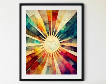 Boho Sun Print, Sunburst Print, Boho Sun Wall Art, Sunset Print, Sun Nursery Print, Boho Orange Blue Sun, Sunray Print, Yellow Sun Print