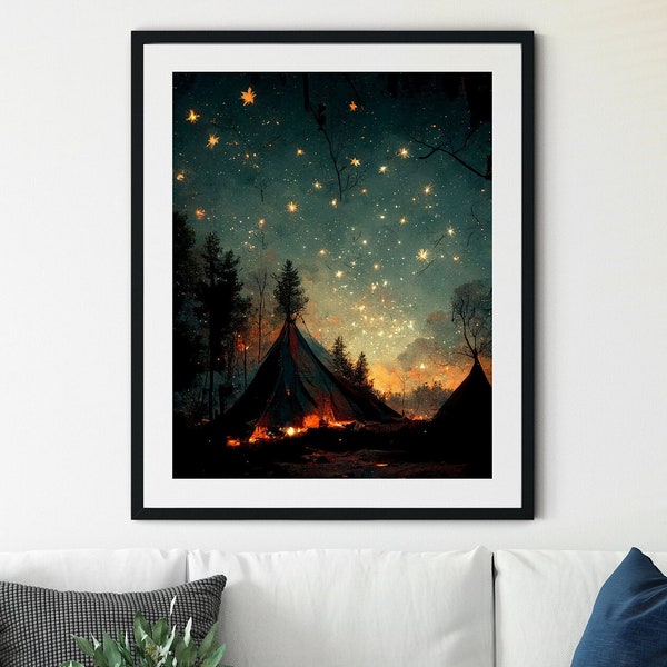 Camping at Night Painting, Camp Fire Print, Original Artwork, Camping under the Stars, Camping Print, Cabin Decor, Campfire Painting