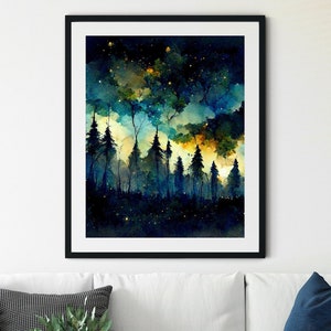 Starry Night in the Forest, Night Sky Watercolor, Starry Night Print, Night Sky Print, Forest Fantasy, Night Sky Wall Decor, Forest Painting