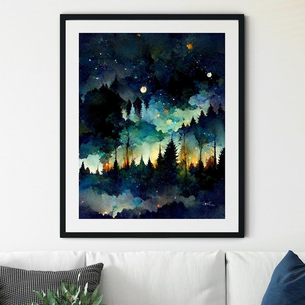 Starry Night in the Forest, Night Sky Watercolor, Starry Night Print, Night Sky Print, Forest Fantasy, Night Sky Wall Decor, Forest Painting