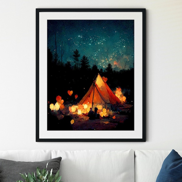 Camping at Night Painting, Camp Fire Print, Original Artwork, Camping under the Stars, Camping Print, Cabin Decor, Campfire Painting