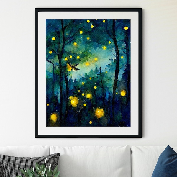 Firefly Print, Night Sky Print, Firefly Art, Beautiful Night Sky, Night Sky Wall Art, Forest Art, Forest Prints, Woodland Art, Magical Art