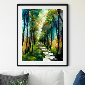 Puede incluir: Una pintura de acuarela de un camino a través de un bosque. El camino está hecho de piedra y conduce a un claro en los árboles. Los árboles son verdes y exuberantes, y el cielo es azul. La pintura está enmarcada en negro.