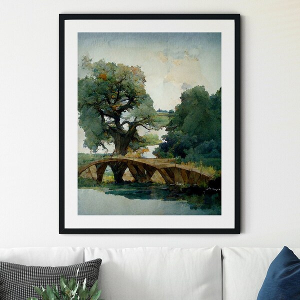 Watercolor Tree Sketch, Bridge Trees Drawing, Oak Tree Print, Landscape Wall Art, Landscape Sketch, Farmhouse Prints, Vintage Sketch