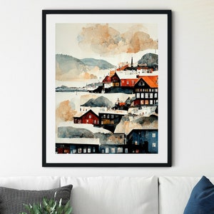 Bergen Travel Poster Print, Norway Bryggen Waterfront Illustrated Art Print, Bergen Norway Poster, Norway Bergen, Scandinavian Print