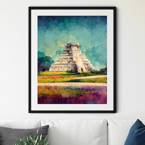 Chichen Itza Wall Art, Chichen Itza Mexico Travel Print, Chichen Itza Pyramid Watercolor Print, Chichen Itza Print, Maya Pyramid Artwork