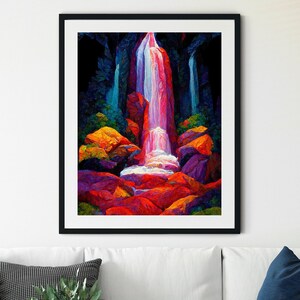 Könnte beinhalten: Ein gerahmtes Gemälde eines farbenfrohen Wasserfalls, der einen felsigen Abhang hinunterstürzt. Das Gemälde zeigt leuchtende Farben in Rot, Orange, Gelb, Grün, Blau und Lila.