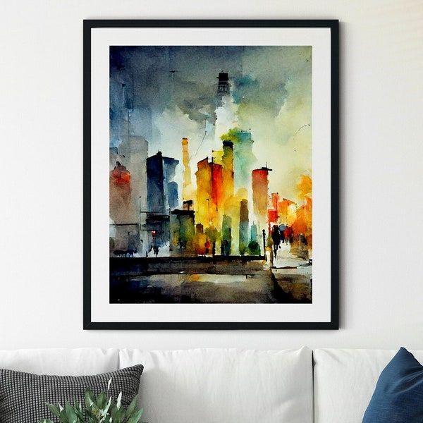 Cityscape Painting Art Print, Painting of a City Street at Night, Skyline Print, Printable Wall Art, Cityscape Art, Cityscape Print