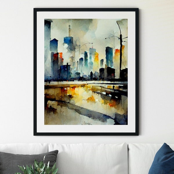 Cityscape Painting Art Print, Painting of a City Street at Night, Skyline Print, Printable Wall Art, Cityscape Art, Cityscape Print