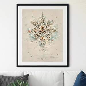 Pode incluir: Um sofá branco com uma manta azul e cinza, duas almofadas e uma pequena mesa auxiliar de madeira. Uma pintura de aquarela emoldurada de um floco de neve está pendurada na parede acima do sofá. Um abajur preto com uma cúpula branca está no canto da sala.