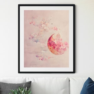 Pink Moon Print Wall Art, Pink Moon Wall Art with Flowers, Boho Moon Print, Moon Phase Print, Half Moon Print, Moon Nursery Print
