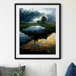 Storm Print, Storm Wall Art, Vintage Print, Storm schilderij, Bewolkte Hemel schilderij, Storm Olieverf, Platteland Print, Wolken Schilderij