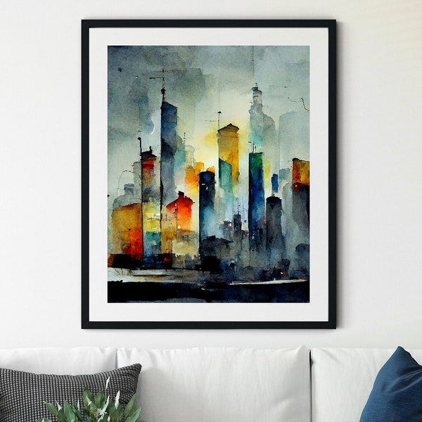 Cityscape Painting Art Print, Painting of a City Street at Night, Skyline Print, Printable Wall Art, Cityscape Art, Cityscape Print