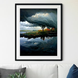 Storm print, storm kunst aan de muur, vintage print, storm schilderij, bewolkte hemel schilderij, storm olieverfschilderij, platteland print, wolken schilderij