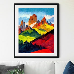 Färgstarkt Dolomitertryck, Alptryck, Pragsjötryck, Sydtyroltryck, Färgstarkt vårlandskapstryck, Sjötryck, Bergtryck