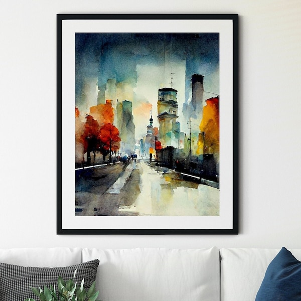 Cityscape Painting Art Print, Painting of a City Street at Night, Skyline Print, Printable Wall Art, Cityscape Art, Cityscape Print