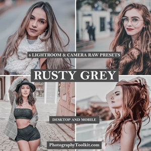 May include: Four Lightroom and Camera Raw presets for editing photos. The presets are called "Rusty Grey" and are for desktop and mobile use. The image shows four different photos of women with a warm, muted color palette.