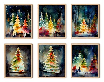 Árboles de Navidad Juego de impresión de 6, Pintura de acuarela de Navidad, Paisaje de invierno, Imprimible de Navidad, Decoración de vacaciones, Signo de Navidad