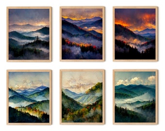 Zestaw 6 wydruków Great Smoky Mountains, sztuka ścienna Smoky Mountains, plakat Great Smoky Mountains, sztuka Smoky Mountains, wydruk Smoky Mountains