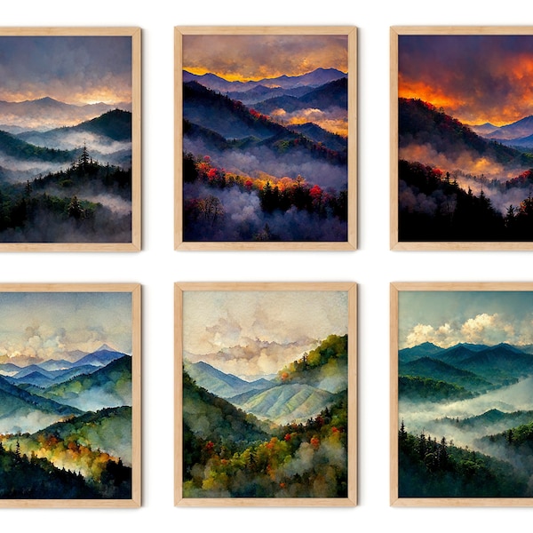 Great Smoky Mountains Print Set of 6, Smoky Mountains Wall Art, Great Smoky Mountains Poster, Smoky Mountains Art, Smoky Mountains Printable