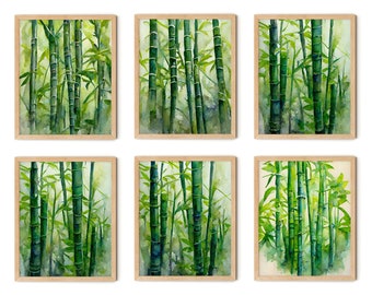 Bamboo Print Set of 6, Bamboo Painting, Bamboo Wall Art, Green Bamboo, Watercolor Bamboo, Bamboo Art, Zen Wall Art, Zen Decor, Zen Art