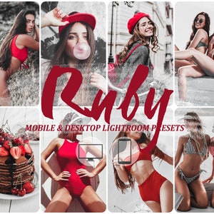 May include: A collage of images featuring women wearing red clothing and swimwear. The images are arranged in a grid pattern with the word "Ruby" in large red letters across the center. The text "Mobile & Desktop Lightroom Presets" is below the word "Ruby".