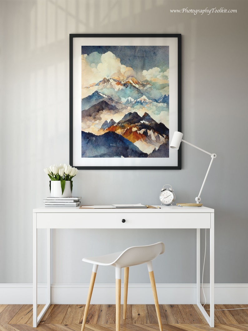 May include: A white desk with a drawer and a white chair. A framed watercolor painting of mountains and clouds hangs on the wall above the desk. A white lamp is on the desk, and a white alarm clock is on the desk.