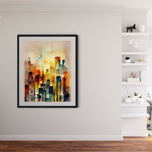 May include: A watercolor painting of a city skyline with tall buildings in shades of yellow, orange, red, blue, and green. The buildings are set against a light brown background with a hazy sky.