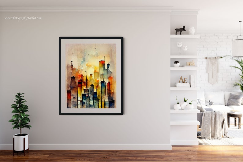 May include: A watercolor painting of a city skyline with tall buildings in shades of yellow, orange, red, blue, and green. The buildings are set against a light brown background with a hazy sky.