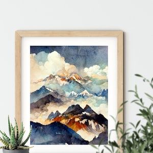 May include: A watercolor painting of a mountain range with a cloudy sky. The mountains are painted in shades of blue, brown, and green. The sky is a light blue with white clouds.