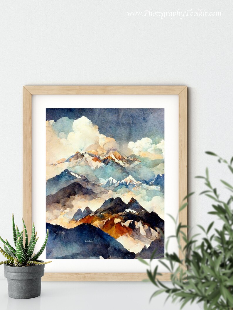 May include: A watercolor painting of a mountain range with a cloudy sky. The mountains are painted in shades of blue, brown, and green. The sky is a light blue with white clouds.