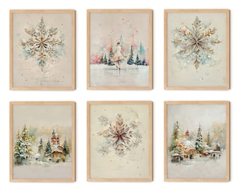 Juego de impresión de invierno de 6, impresión de paisaje de invierno, impresión de copo de nieve, impresión de arte de copo de nieve, impresiones de Navidad, impresión de patinaje sobre hielo de mujer, arte de invierno