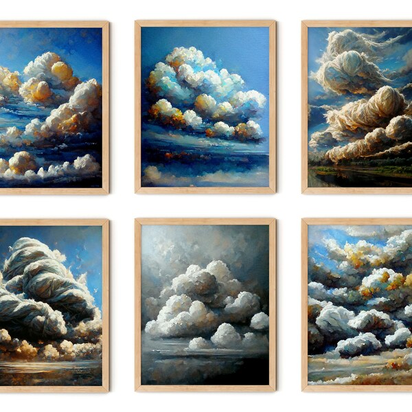 Nuages Print Set de 6, Cloud Wall Art, Vintage Print, Cloudy Sky Painting, Cloud Oil Painting, Nursery Wall Art, Clouds Painting