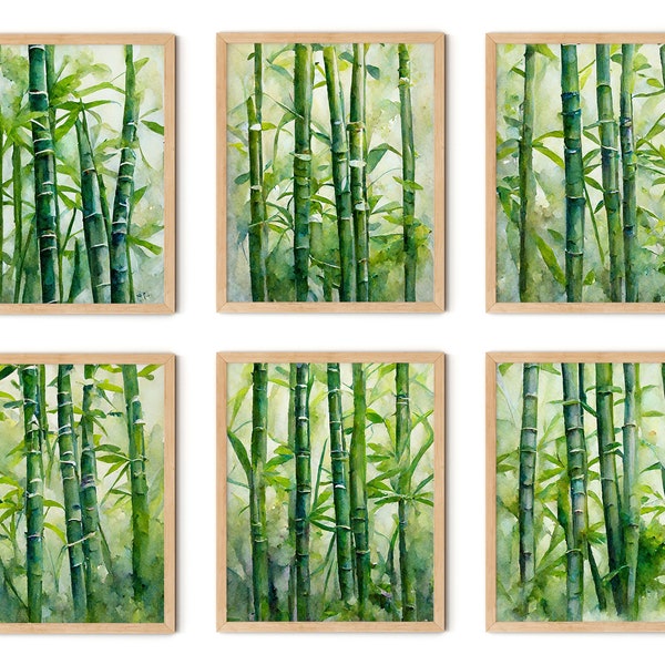 Bamboe Print Set van 6, Bamboe schilderij, bamboe kunst aan de muur, groene bamboe, aquarel bamboe, bamboe kunst, zen kunst aan de muur, zen decor, bamboe decor