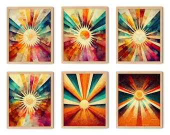 Boho Sun Print Set of 6, Sunburst Print, Boho Sun Wall Art, Sun Nursery Print, Boho Orange Blue Sun, Sunray Print, Yellow Sun Print