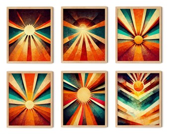 Boho Sun Print Set of 6, Sunburst Print, Boho Sun Wall Art, Sun Nursery Print, Boho Orange Blue Sun, Sunray Print, Yellow Sun Print