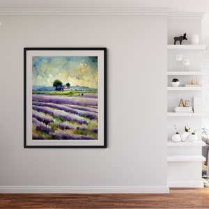 May include: A watercolor painting of a lavender field with a small house and trees in the distance. The sky is a light blue with white clouds. The painting is framed in black.