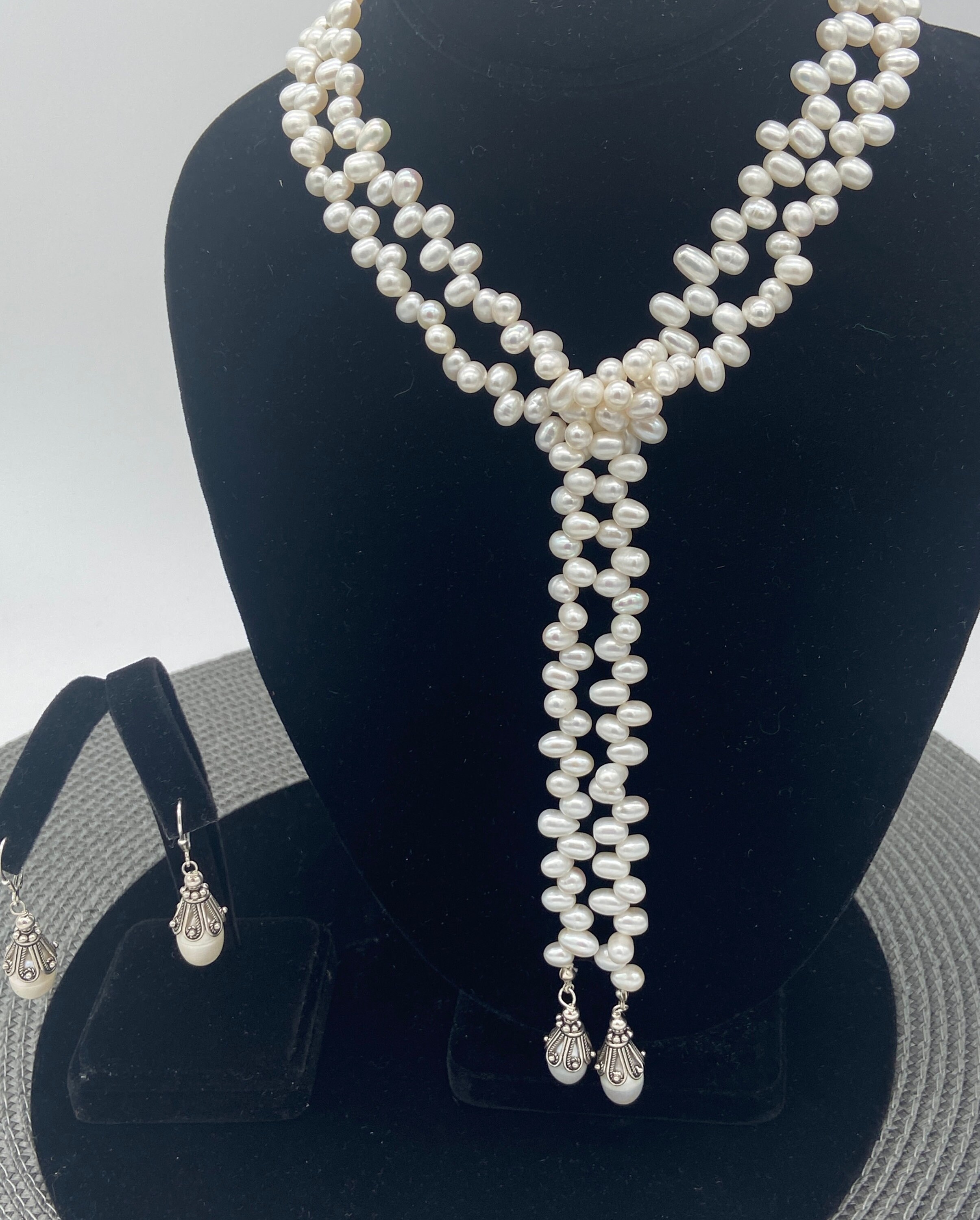 Statement Pearl Necklace, Convertible Pearl Lariat, , Lariat Pearl Sterling Capped Drop Pearls