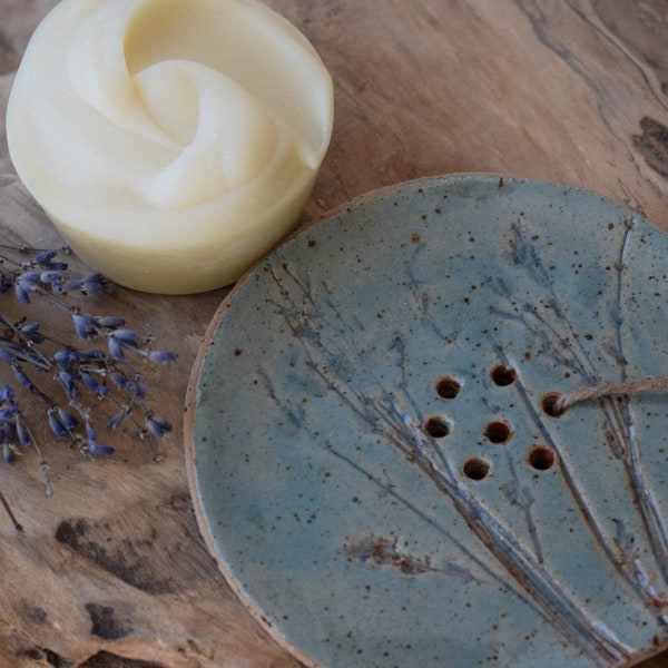 Soap bowl ceramic handmade, with natural soap from Myrtle&Soap | Bowl with lavender - flower imprint turquoise, dishwasher proof