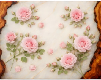 Handgemaakte snijplank van hars, serveerplank roze roos bloemen