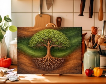 Tree of Life Glass Cutting Board, Natural Design, Kitchen Decor
